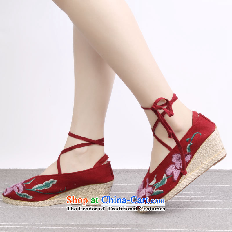 2015 new wealth Mudan Old Beijing Women's Shoe retro mesh upper ethnic slope with embroidered shoes increased women's shoe A-2-2 mauve 39 Wing and Chun (yonghechun) , , , shopping on the Internet
