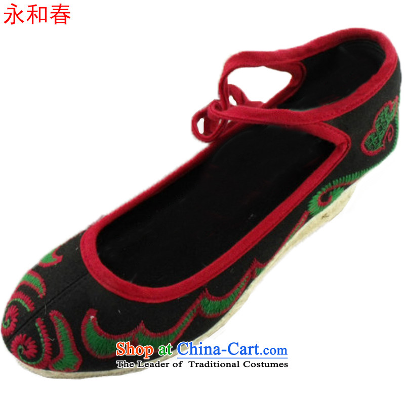 The electoral support C.O.D.- ethnic slope with embroidered shoes increased old Beijing stylish shoe mesh upper single shoe?-5?Black?36