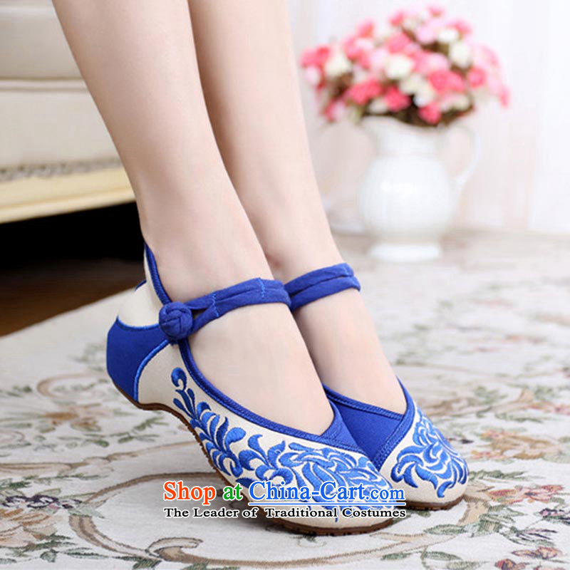 Dan Jie Shi 2015 Autumn new ethnic embroidered shoes women shoes of Old Beijing mesh upper porcelain embroidered shoes bottom slope beef tendon with low Shoes Plaza shoes Dance Shoe blue 34 Dan Jie Shi (DANJIESHI) , , , shopping on the Internet