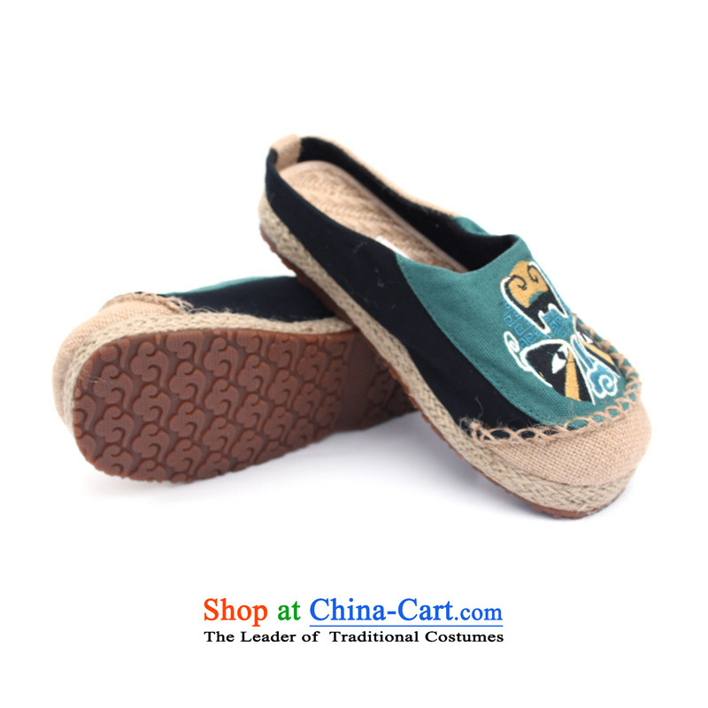 The old Beijing National wind-masks flax slippers retro embroidered slippers loose version Baotou exotic beef tendon bottom mesh upper with shoe cake 10-1/ 37, dark green well Jun Xiang , , , shopping on the Internet