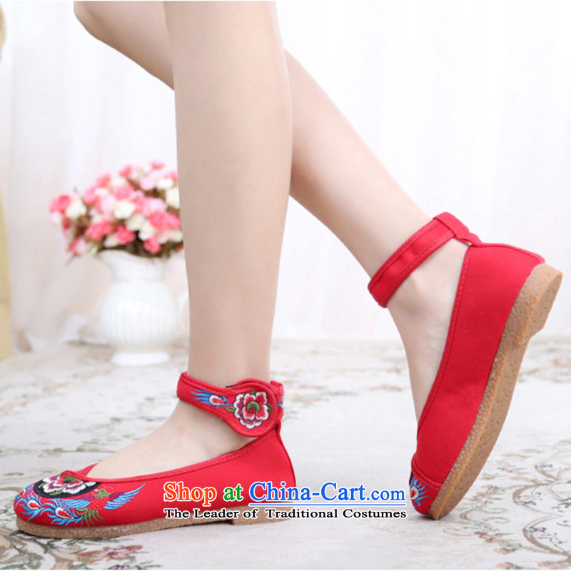 New embroidered shoes Peacock National Wind Square dancers shoes of Old Beijing mesh upper with flat beef tendon soft bottoms single shoe Red?34