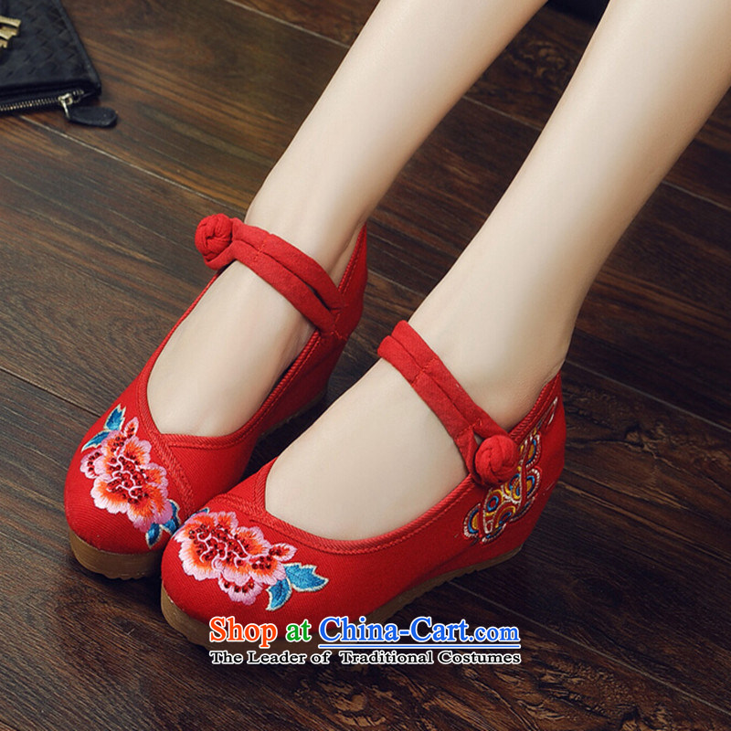 The Spring and Autumn Period and the new old Beijing mesh upper for women of ethnic women mesh upper with embroidered shoes of slope rising Thick Click shoes Red 35