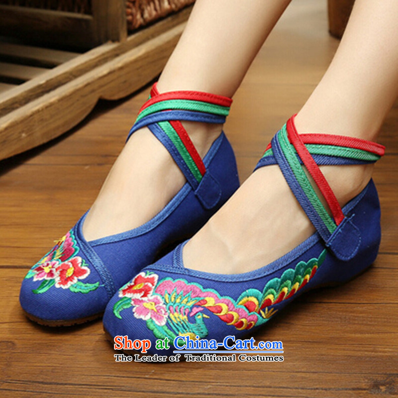 New Old Beijing mesh upper female retro ethnic embroidered shoes with soft, increased within the Dance Shoe boat women shoes single shoe Blue 40