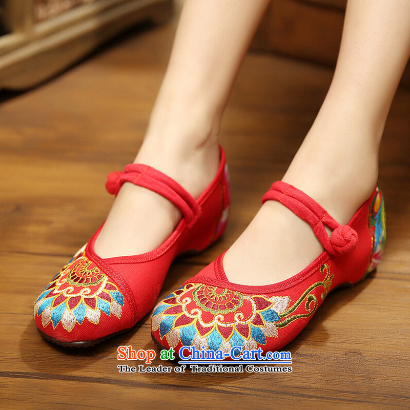 Mesh upper with old Beijing embroidered shoes women beef tendon bottom slope behind with higher female ethnic retro shoe to a single field with green 37, Chin world shopping on the Internet has been pressed.