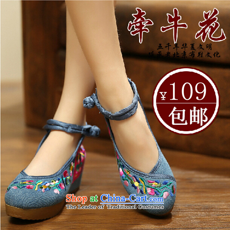 2015 new embroidered convolvulus spring and summer retro national wind increased within the embroidered shoes of Old Beijing mesh upper womens single waterproof desktop high-heel shoes A108-4 blue 39, Kyung-soo has shopping on the Internet has been presse