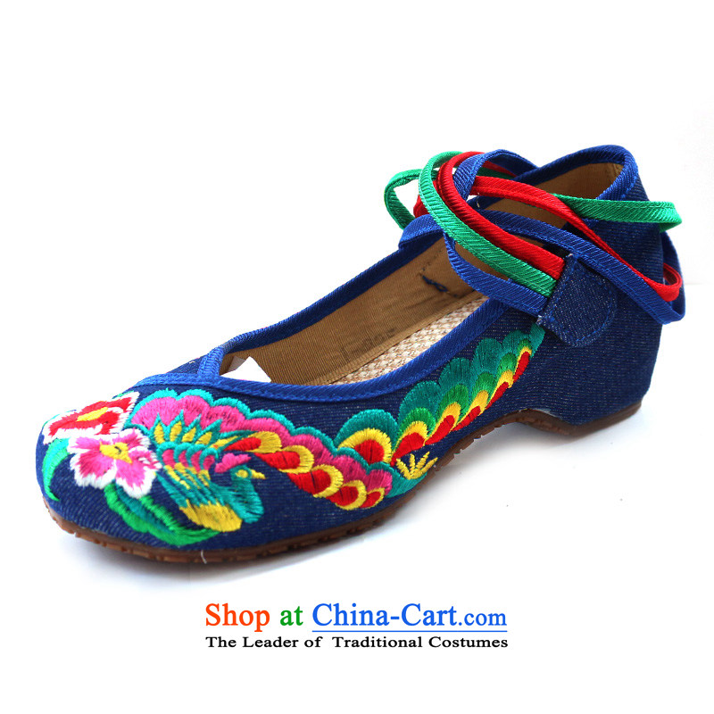 The Peacock new spring and fall within the old Beijing increased women's shoe mesh upper with retro women shoes of ethnic embroidered shoes chic square head 1221-12 Blue?35