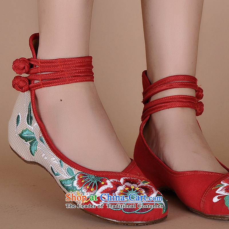 Hibiscus flower embroidery on new high 2015 help dual band old Beijing linen cloth shoes bottom casual women single Oxford shoes xhx Red 36
