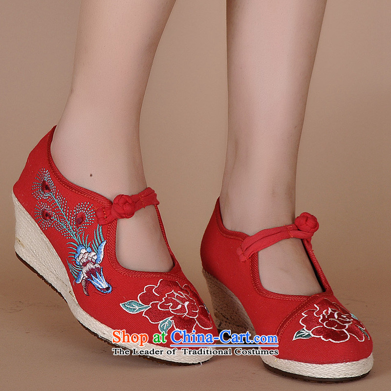 The autumn 2015 new slope with Bong-jo Mudan Beijing high-heel shoes embroidery is smart casual shoes xhx increased Red?40