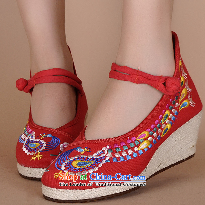 The autumn 2015 new embroidered shoes with peacock high heel slope Beijing summer leisure shoes embroidery womens single Travel Shoes, Casual xhx wild Red 38
