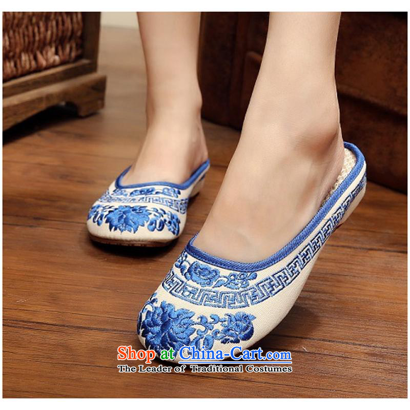 2015 Flower slippers new beef tendon bottom walk Summer sandals blue Embroidery Series Drag xhx Cool Blue 39