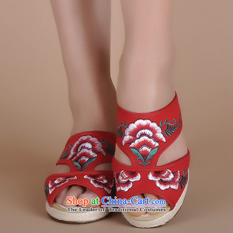 The autumn 2015 New Dance Shoe mesh upper layer with higher embroidered shoes slope slippers national commission with mesh upper with wind xhx Summer sandals Red?36