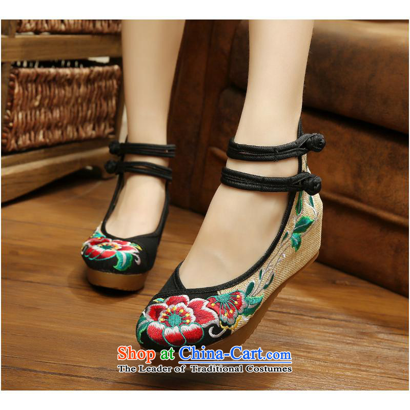 The autumn 2015 new mesh upper end of tendon Dance Shoe hibiscus flowers with women shoes slope rising Beijing National wind embroidered shoes single shoe xhx black?37