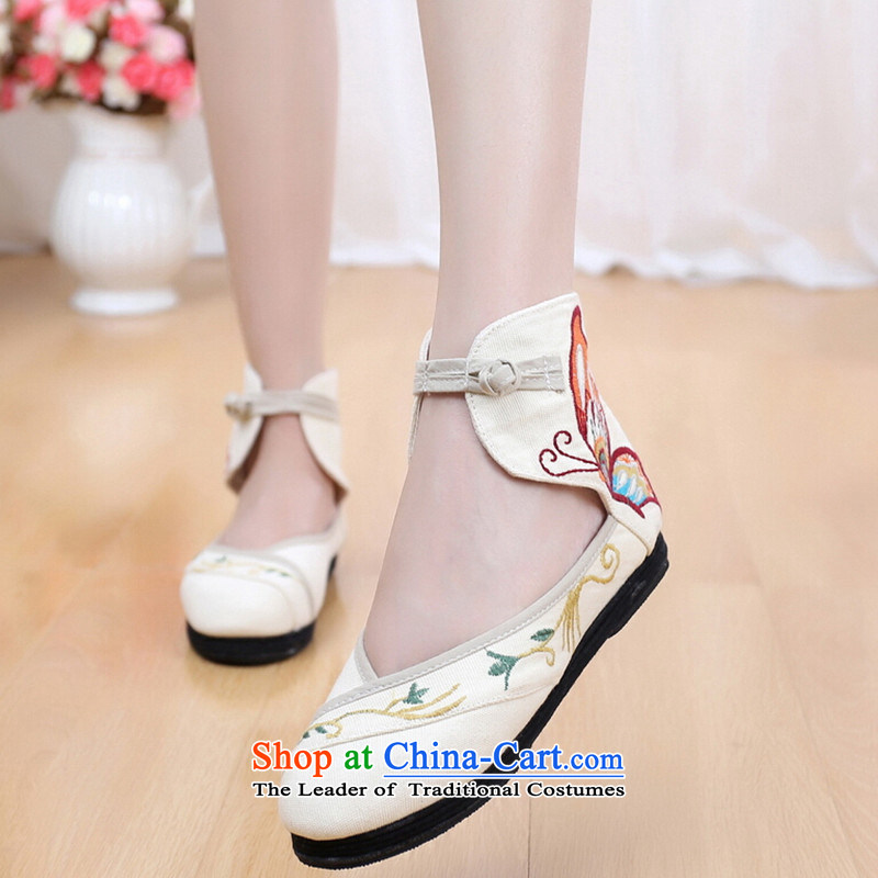 The autumn 2015 new old Beijing mesh upper Girls High help fine butterfly embroidered shoes bottom thousands of ethnic women shoes m White small tight select large code