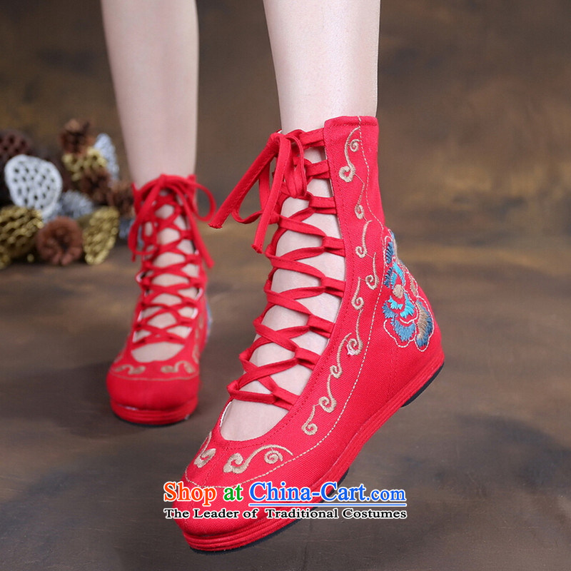 2015 Autumn new single boots before the tether strap embroidered at the bottom of thousands of low and boots ethnic old Beijing mesh upper female black 38, Chin world shopping on the Internet has been pressed.