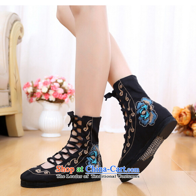 2015 Autumn new single boots before the tether strap embroidered at the bottom of thousands of low and boots ethnic old Beijing mesh upper female black 38, Chin world shopping on the Internet has been pressed.