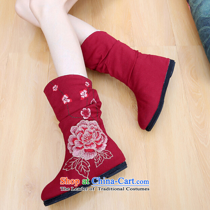 The autumn 2015 new boot children increased within Martin sleeve embroidery old Beijing mesh upper ethnic wine red?36
