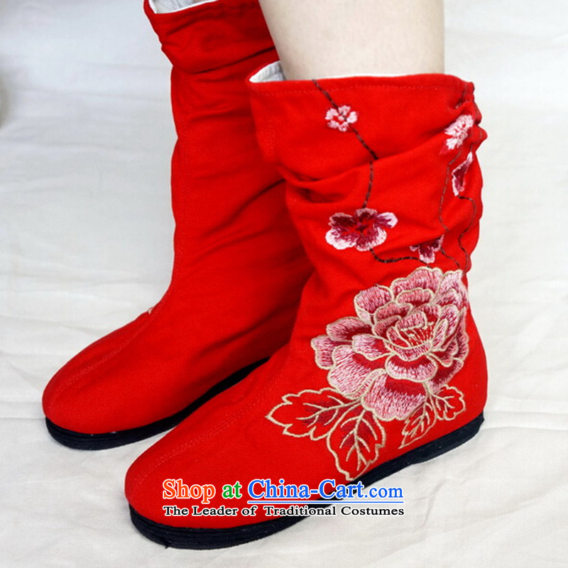The autumn 2015 new boot children increased within Martin sleeve embroidery old Beijing mesh upper ethnic wine red 36, Chin world shopping on the Internet has been pressed.