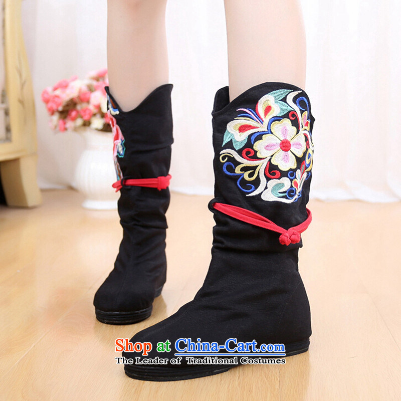 The autumn 2015 new women's shoe bootie old Beijing women increased within the boots mesh upper ethnic embroidered shoes black 37