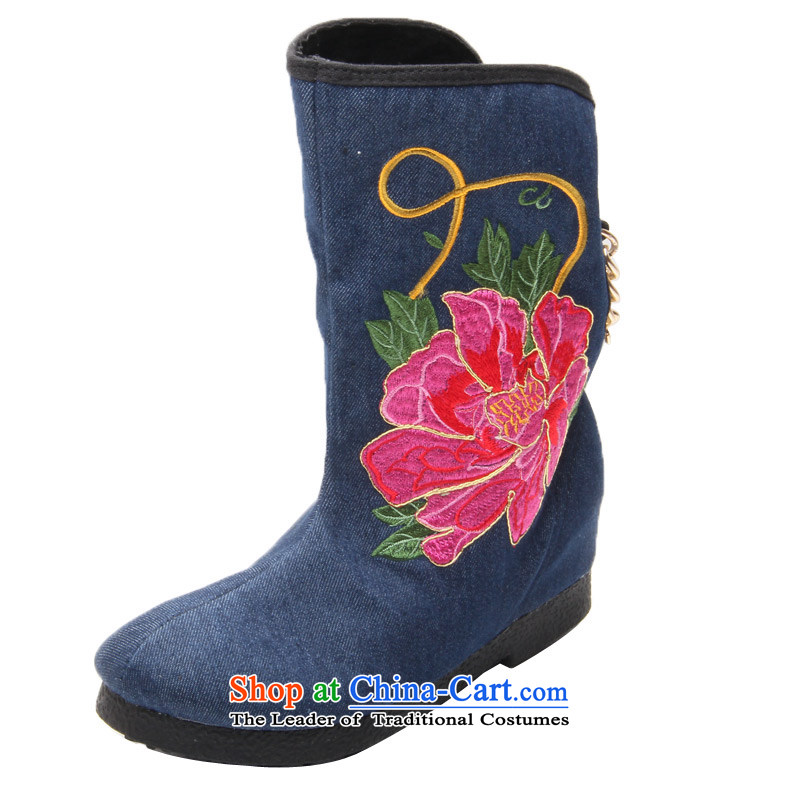 Yong-sung?by 2015 new stylish Xuan embroidered boots ethnic embroidered shoes, single shoe 1716 Denim blue?39