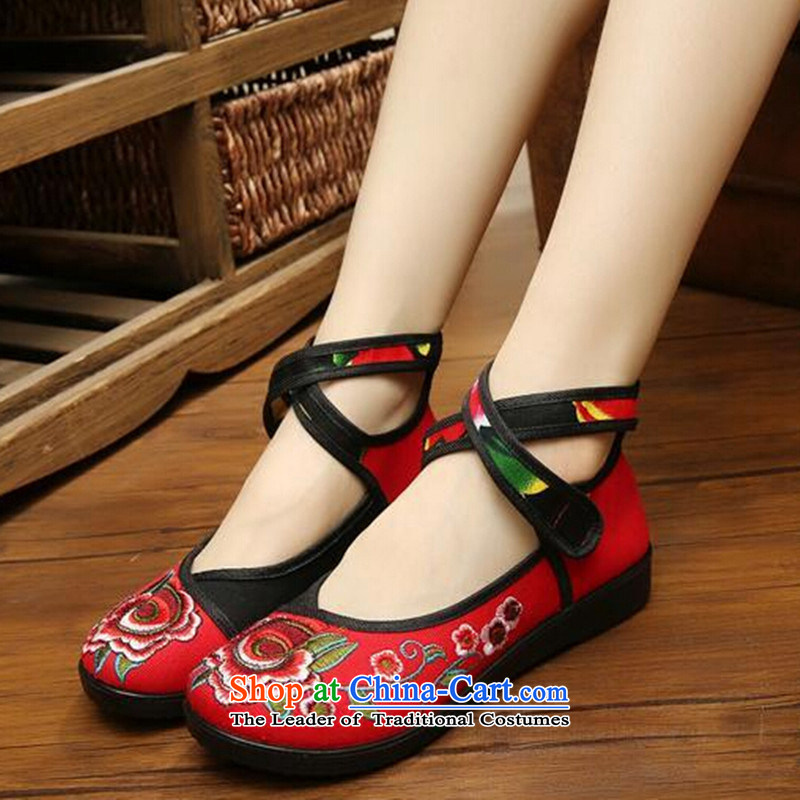 In the summer and autumn national retro-mesh upper embroidered shoes Plaza Dance Shoe flat with soft bottoms womens single shoe red 36, Chin world shopping on the Internet has been pressed.