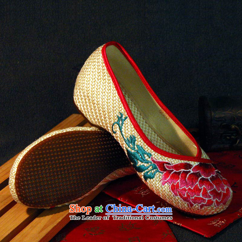 The silk fabric of Old Beijing fall ethnic embroidered shoes to increase women within the slope single shoe 525A53 beige 37, Ms Shelley silk , , , shopping on the Internet