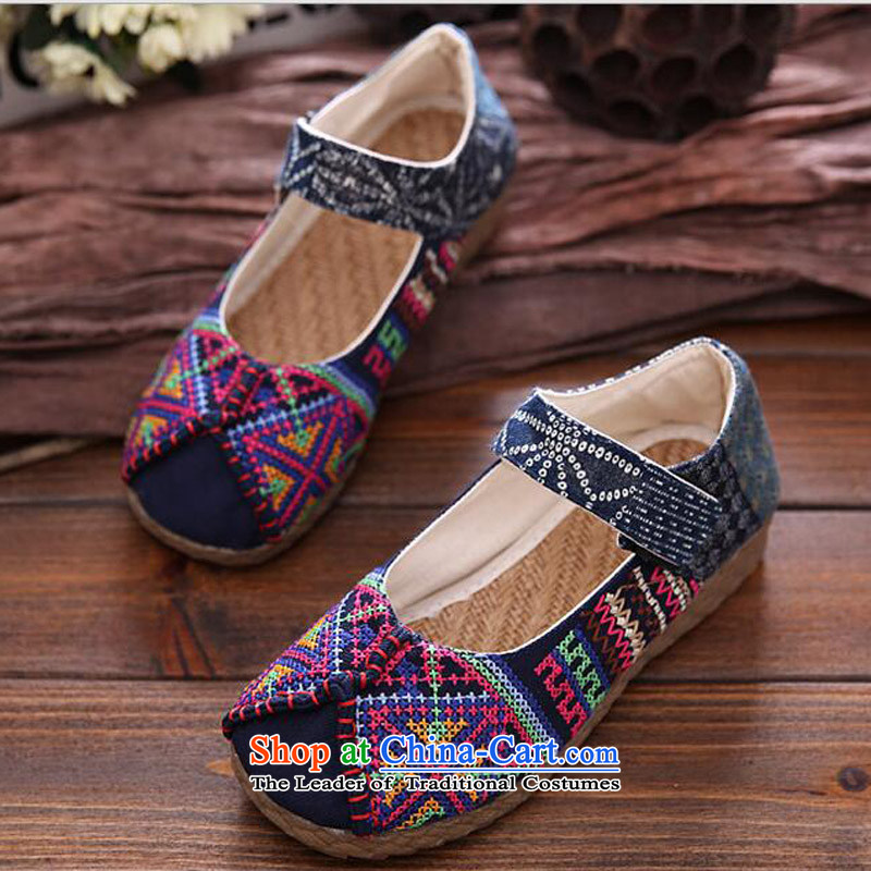 The fall of Old Beijing mesh upper female beef tendon Bottom soft bottoms embroidered shoes retro folk embroidery leisure shoes round head girl shoe to a single field hasp flat shoe blue 40, the Blue maple (MOLORFUN) , , , shopping on the Internet