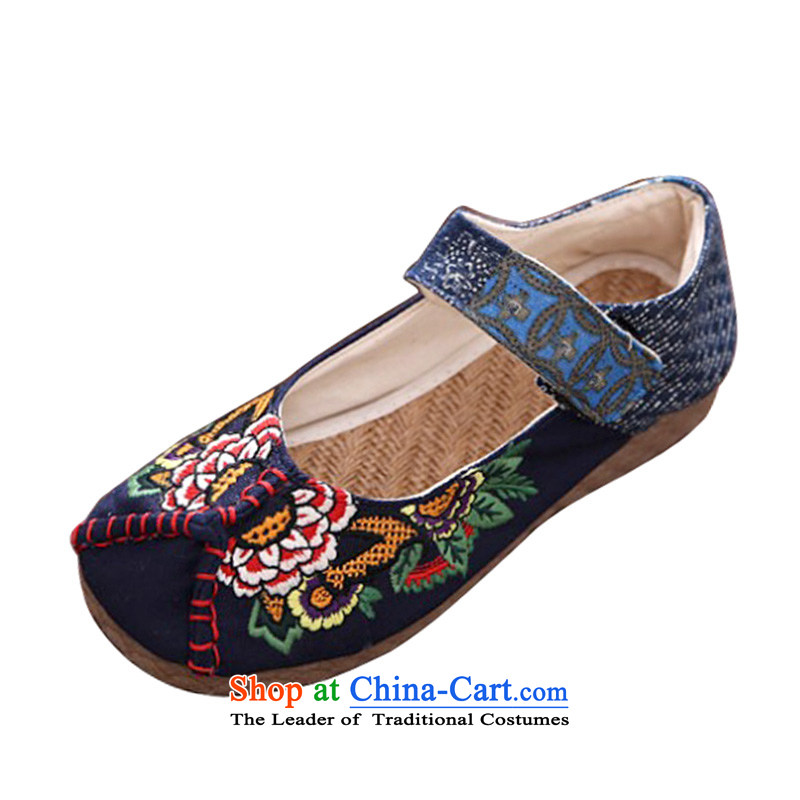 Beef tendon soft bottoms embroidered shoes during the spring and autumn of ethnic embroidery leisure shoes round head sum female broadband thick stylish irregular pattern of Old Beijing mesh upper blue 36, the woman shoes Blue maple (MOLORFUN) , , , shopp