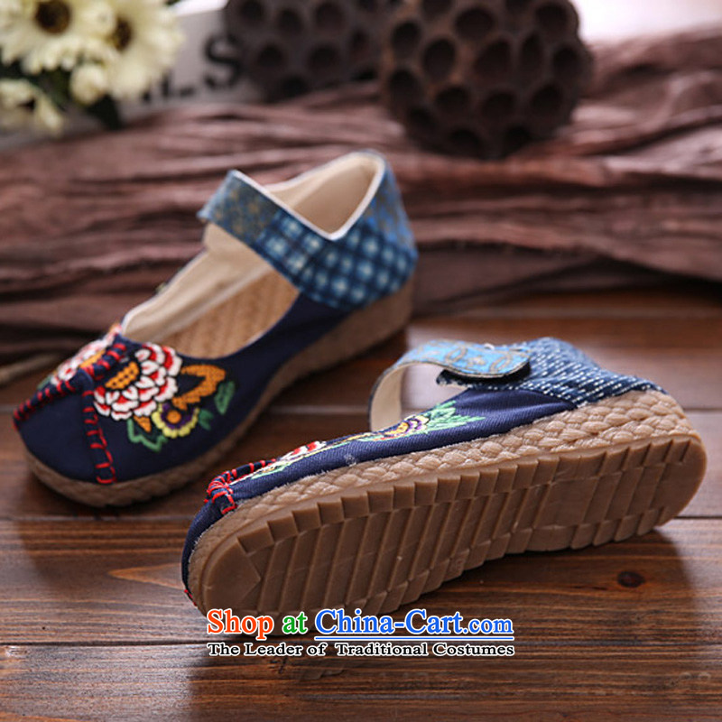 Beef tendon soft bottoms embroidered shoes during the spring and autumn of ethnic embroidery leisure shoes round head sum female broadband thick stylish irregular pattern of Old Beijing mesh upper blue 36, the woman shoes Blue maple (MOLORFUN) , , , shopp