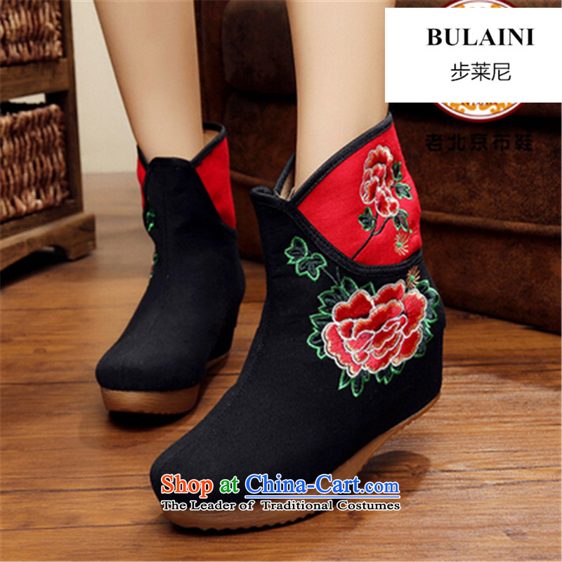 Step-by-step approach of 2015 autumn and winter old Beijing female cloth shoes of ethnic plus lint-free bootie slope behind with the increase in thick boots embroidery and female cotton shoes of step 34, Black (BULAINI) , , , shopping on the Internet