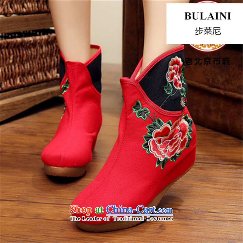 Step-by-step approach of 2015 autumn and winter old Beijing female cloth shoes of ethnic plus lint-free bootie slope behind with the increase in thick boots embroidery and female cotton shoes of step 34, Black (BULAINI) , , , shopping on the Internet