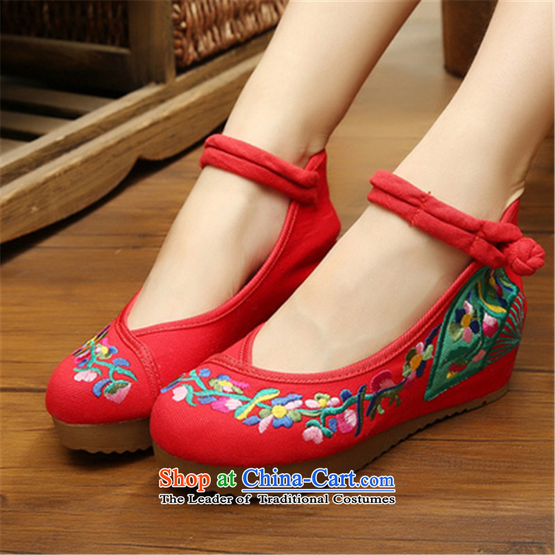 Step-by-step approach of 2015 New Old Beijing mesh upper for women through the spring and fall slope of ethnic embroidered shoes with thick rising within the mesh upper women shoes red flower step 37, Fu Yung Leini (BULAINI) , , , shopping on the Internet