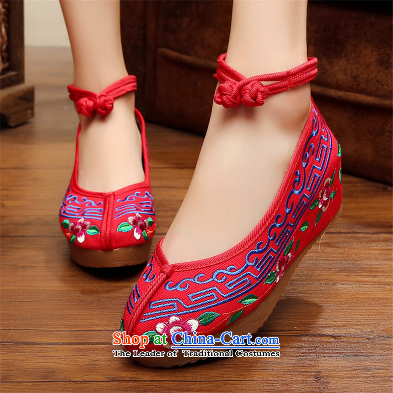 Step-by-step approach of Old Beijing 2015 mesh upper spring and autumn_ Slope women shoes with ethnic embroidered shoes increased within the Thick mesh upper mother's shoes Red 36