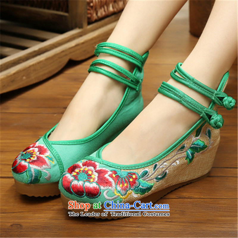 Step-by-step approach of spring and autumn 2015 new old Beijing mesh upper with slope women shoes embroidered shoes of ethnic women with higher within the slope mesh upper womens single shoe blue sunflowers 36 (shihuo pickup) , , , shopping on the Interne