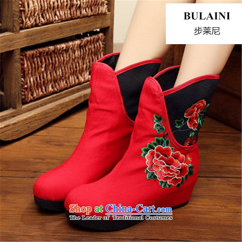 Step-by-step approach of 2015 autumn and winter old Beijing female cloth shoes of ethnic plus lint-free bootie slope behind with the increase in thick boots embroidery and female cotton lint-free cotton swab plus black boot boot volume (shihuo pick 40) ,