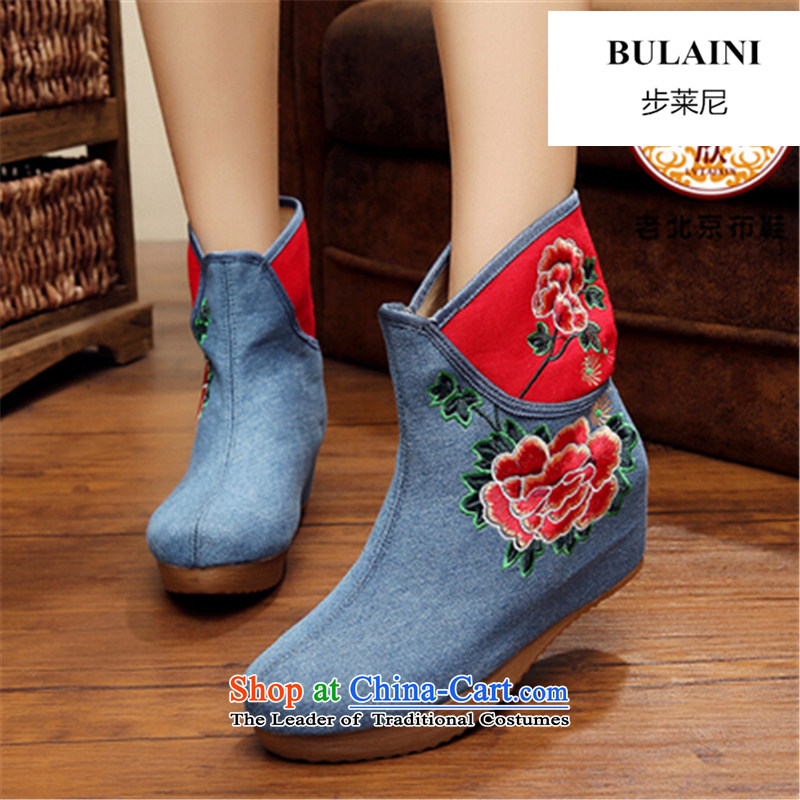 Step-by-step approach of 2015 autumn and winter old Beijing female cloth shoes of ethnic plus lint-free bootie slope behind with the increase in thick boots embroidery and female cotton lint-free cotton swab plus black boot boot volume (shihuo pick 40) ,