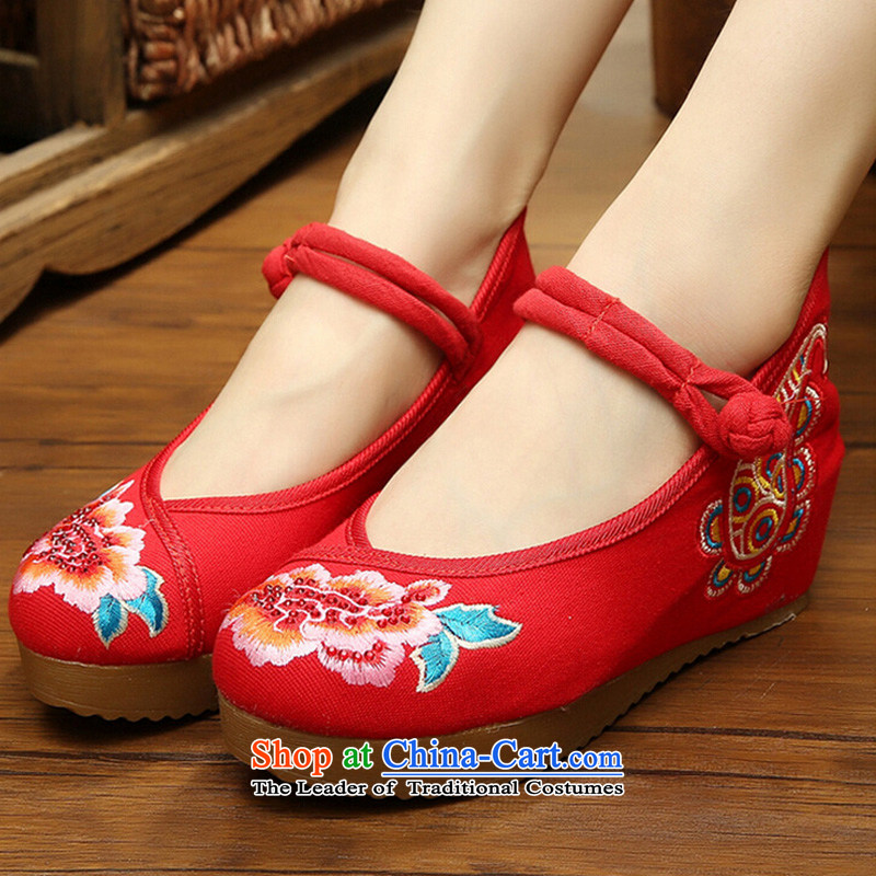 2015 new ethnic Chinese wind spring and autumn women shoes of Old Beijing mesh upper single shoes bottom increase beef tendon embroidered shoes with the buckle on the slope of the girl was 36 in blue shoes Red maple (MOLORFUN) , , , shopping on the Intern