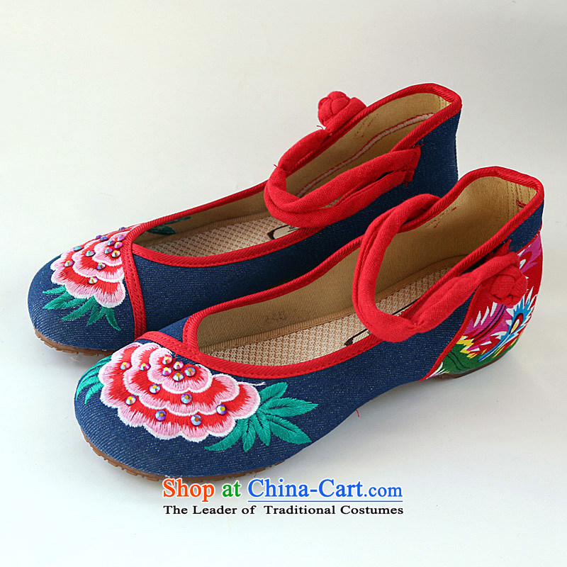2015 spring and fall within the ethnic increase retro beef tendon bottom clasps to the old Beijing women's shoes mesh upper with thick-Dancing Blue 40 embroidered shoes the Blue maple (MOLORFUN) , , , shopping on the Internet