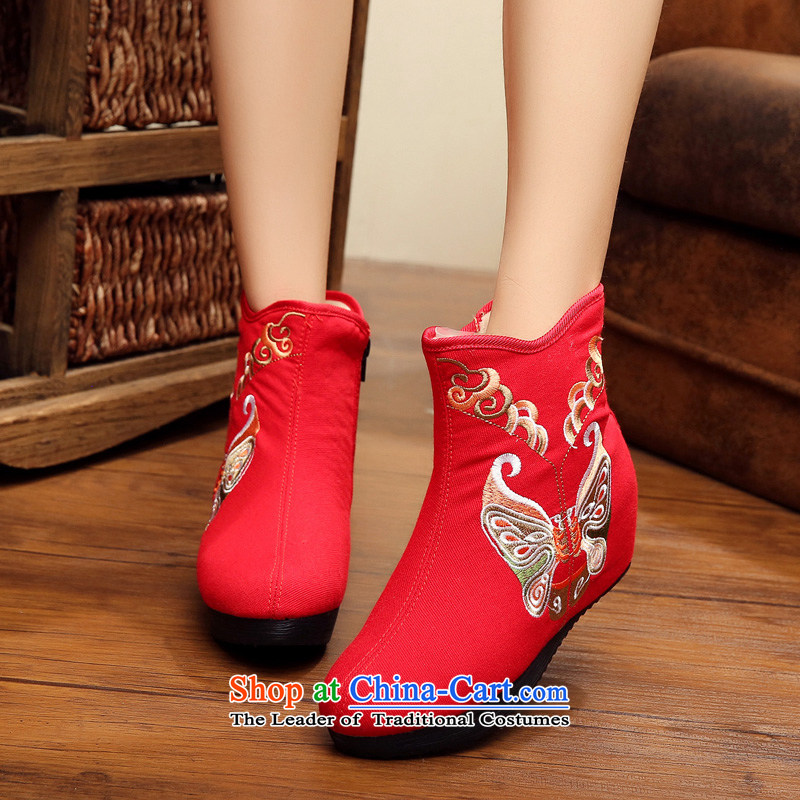 2015 Autumn National wind retro boots with low boots slope girls increased within the boots of Old Beijing mesh upper women shoes embroidered shoes pure cotton shoe Red 38