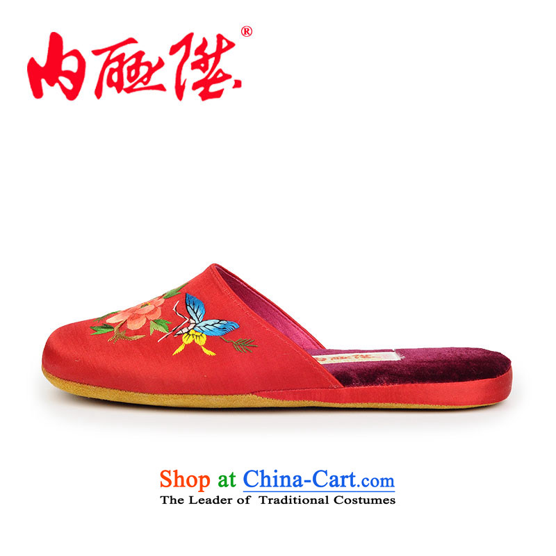 Inline l women shoes slippers autumn and winter stay-gon soft leather bottom satin embroidered 3016C Red Peony 34-35 through code, the l , , , shopping on the Internet