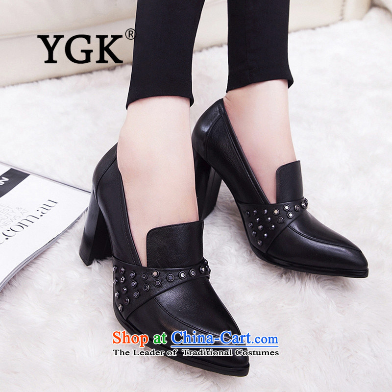 Counters genuine YGK stylish deep single 2015 toe layer cowhide with high-heel points rough water drilling women shoes 9538 Black 36,YGK,,, shopping on the Internet