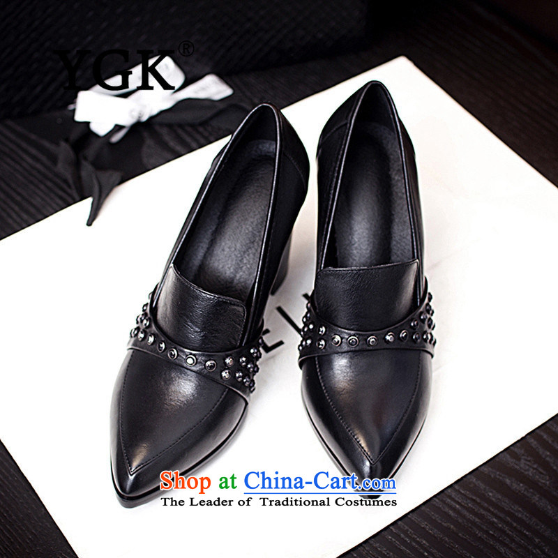 Counters genuine YGK stylish deep single 2015 toe layer cowhide with high-heel points rough water drilling women shoes 9538 Black 36,YGK,,, shopping on the Internet