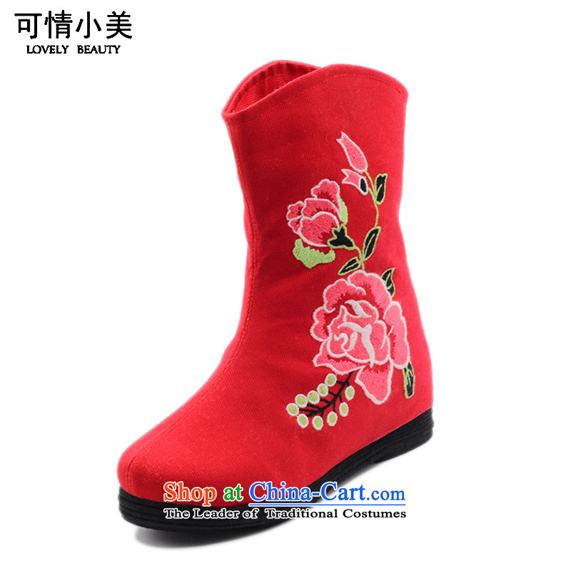 Is small and the old Beijing mesh upper ethnic Mudan increased within embroidery female boots?ZCA, H02?Red?35