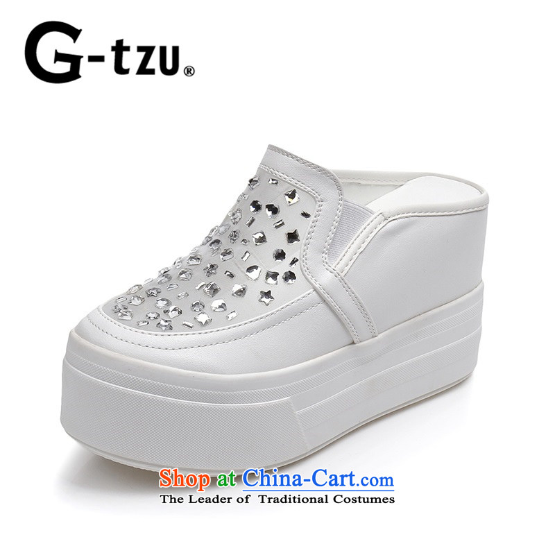 Mr Ronald trendy water gtzu drill white half girl shoe Baotou breathable drag platform shoes, thick gauze panel click shoes 0657 White?38