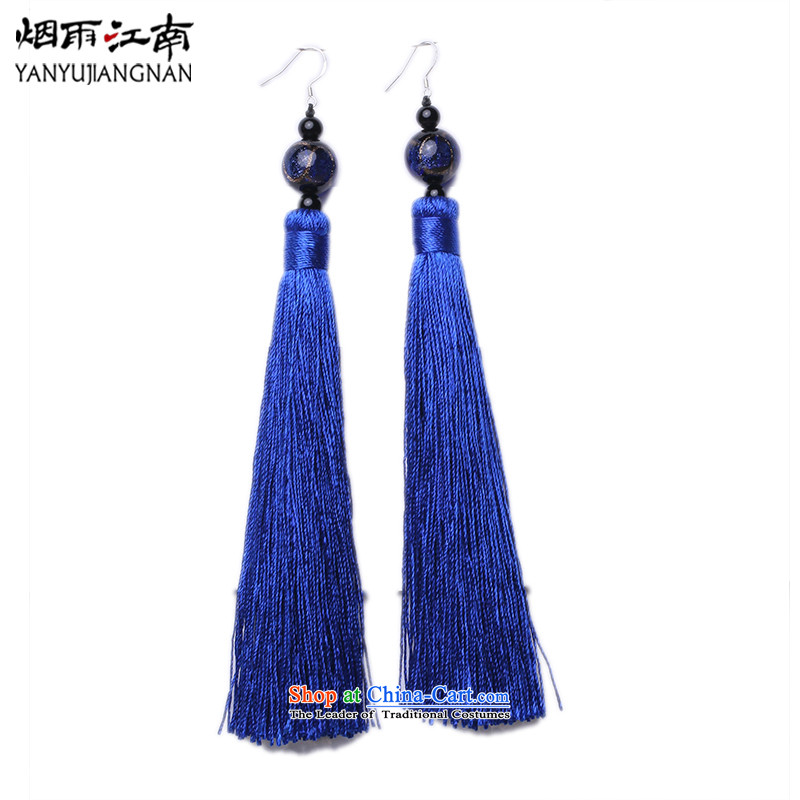 Gangnam-gu rainy in Yunnan ethnic su earrings Lijiang ornaments long China wind qipao accessories?925 silver blue bold ear hook