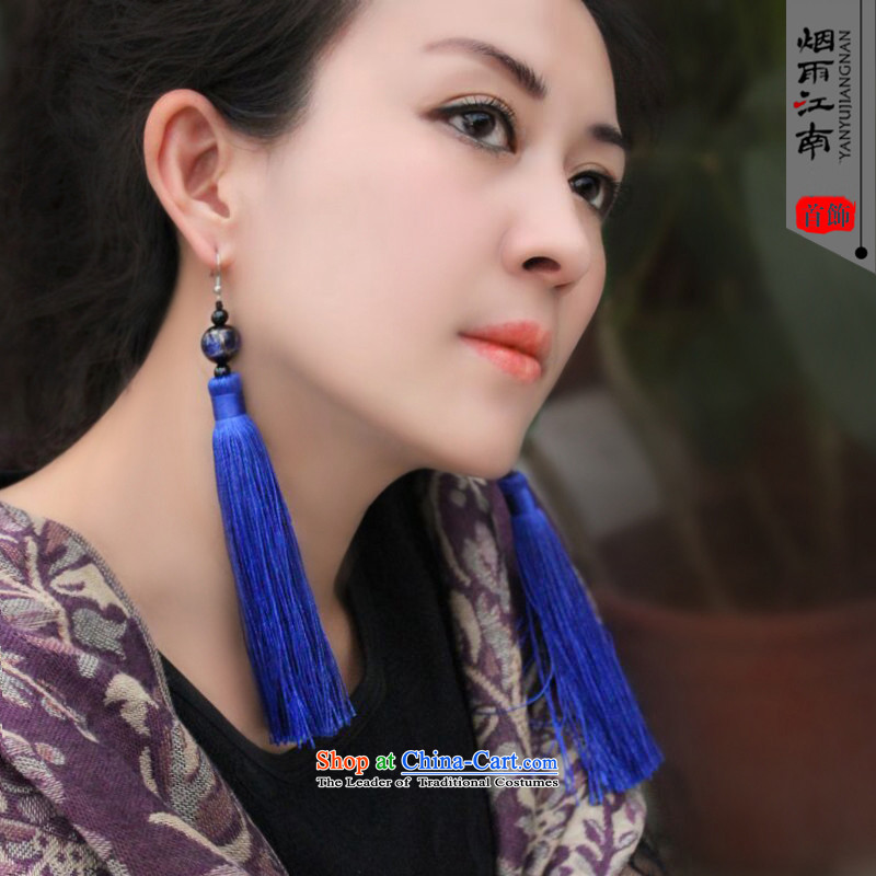 Gangnam-gu rainy in Yunnan ethnic su earrings Lijiang ornaments long China wind qipao accessories blue ear hook 925 silver bold, rain Gangnam , , , shopping on the Internet