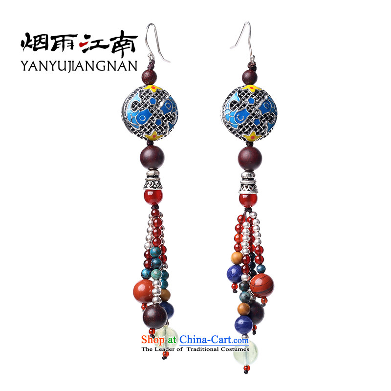 Gangnam-gu rainy ethnic earrings long temperament Bodhi Cloisonne Accessory retro ear ornaments women fall arrester China Wind 925 silver coarse ear hook