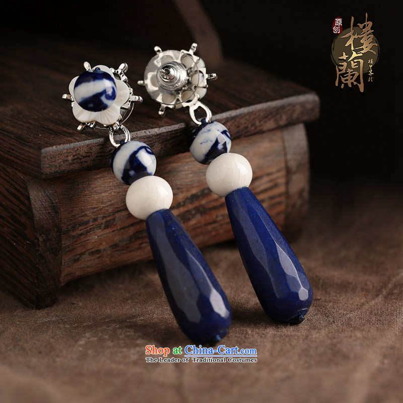 Blue Porcelain china wind ear ornaments classical ears pierced ears long fall arrest girls of ethnic Tibetan-earrings shopping on the Internet has been pressed.