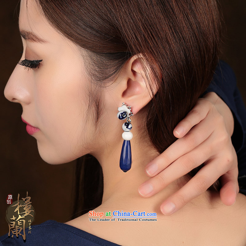 Blue Porcelain china wind ear ornaments classical ears pierced ears long fall arrest girls of ethnic Tibetan-earrings shopping on the Internet has been pressed.