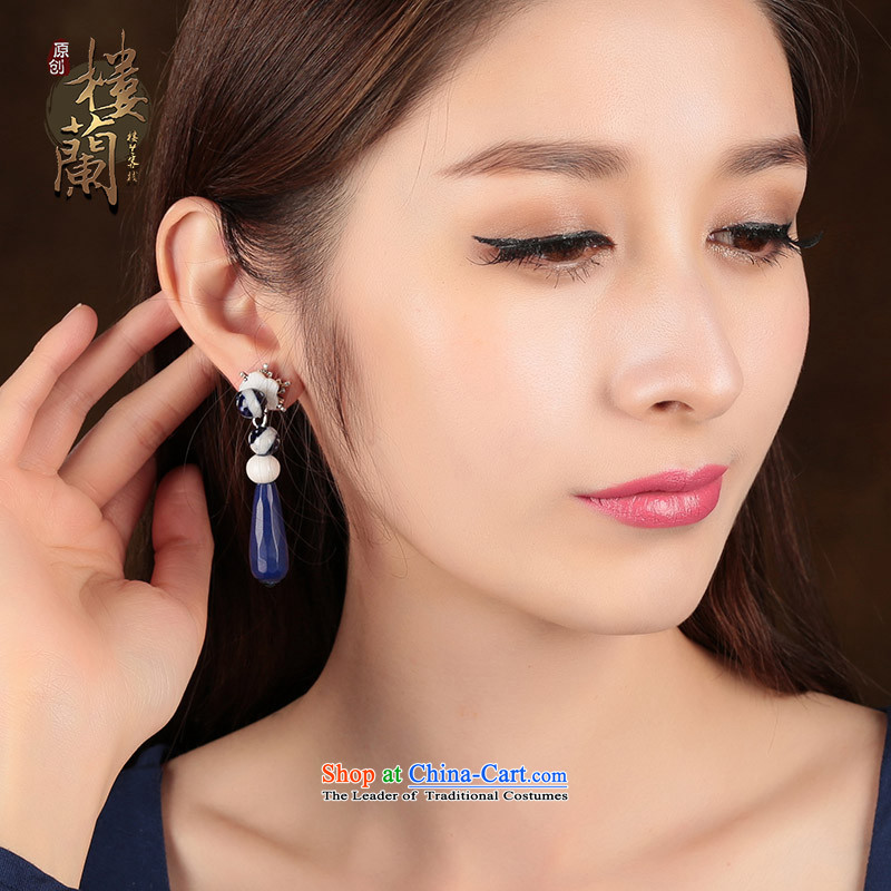 Blue Porcelain china wind ear ornaments classical ears pierced ears long fall arrest girls of ethnic Tibetan-earrings shopping on the Internet has been pressed.