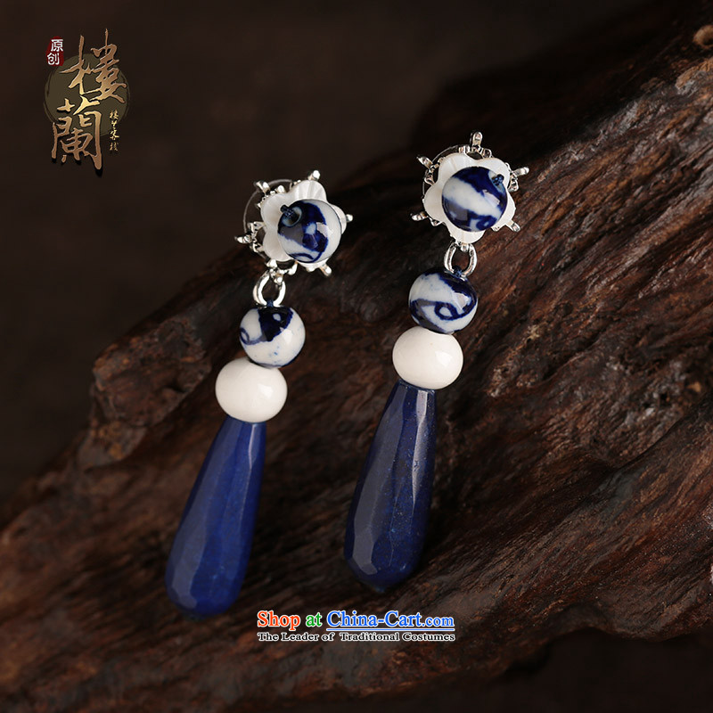 Blue Porcelain china wind ear ornaments classical ears pierced ears long fall arrest girls of ethnic Tibetan-earrings shopping on the Internet has been pressed.